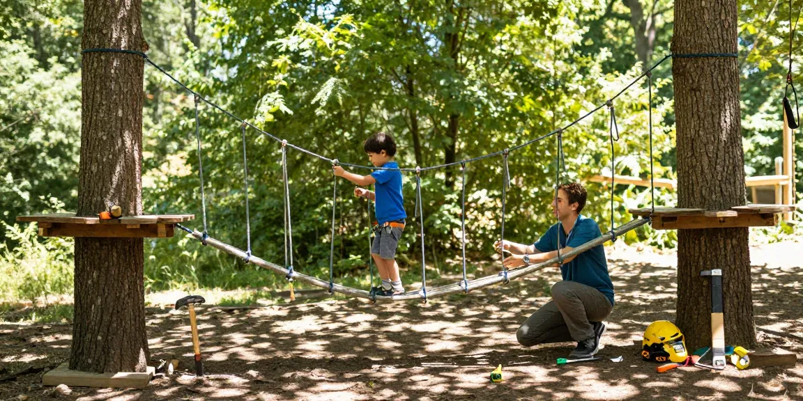 Family bonding over rope bridge design construction in a forest setting with tools and vibrant colours.