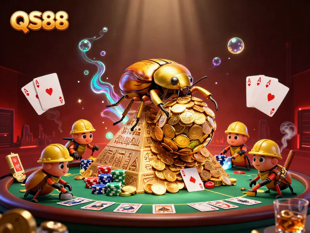 Experience the exciting casino world with QS88 through a rich, vibrant illustration featuring golden beetles and poker elements.