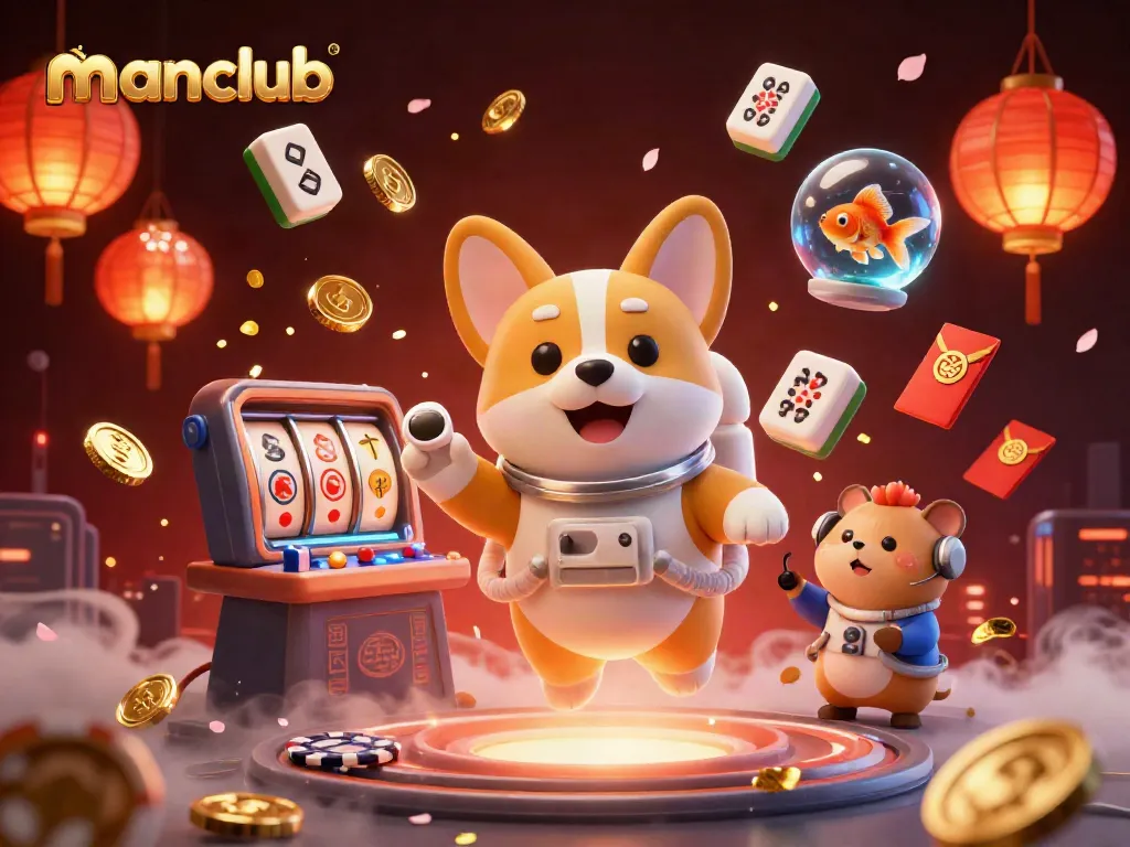 Experience exciting gameplay at Manclub's online casino with a floating corgi and goldfish.