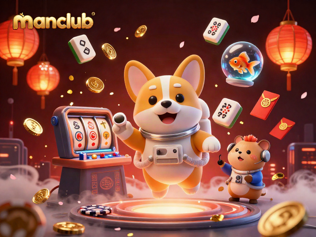 Experience exciting gameplay at Manclub's online casino with a floating corgi and goldfish.
