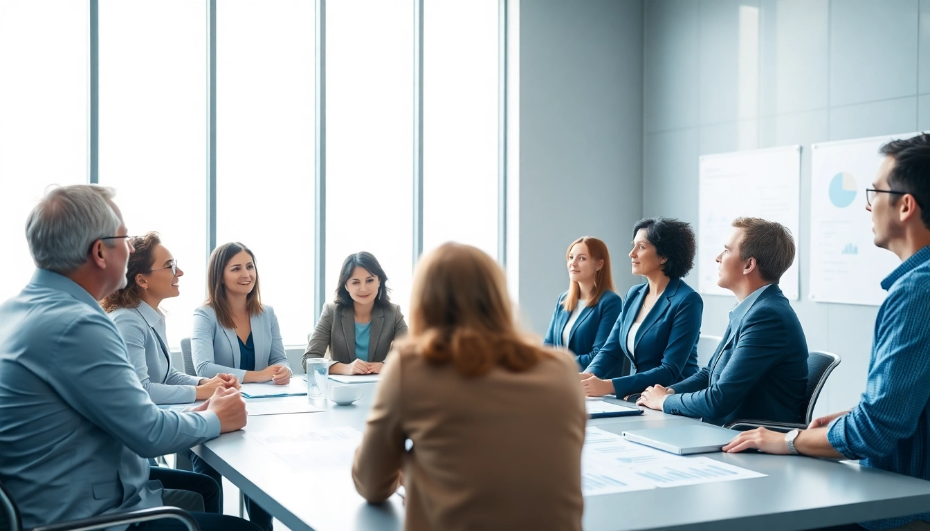 Flowdown process illustration in a corporate meeting setting with professionals engaged in discussion.