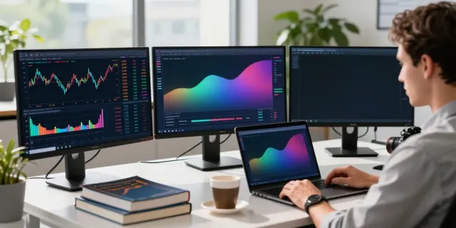 Trader using MetaTrader 5, analyzing market data on multiple screens in a modern office.