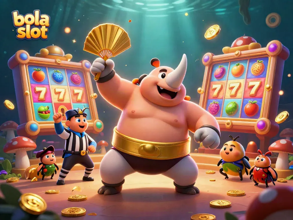 Bola slot action scene depicting a rhinoceros beetle champion surrounded by coins, slot reels, and vibrant gaming elements.