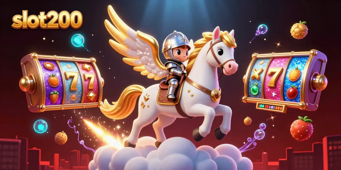 Experience thrilling wins at slot200 with a mystical knight and celestial horse in a vibrant casino scene.
