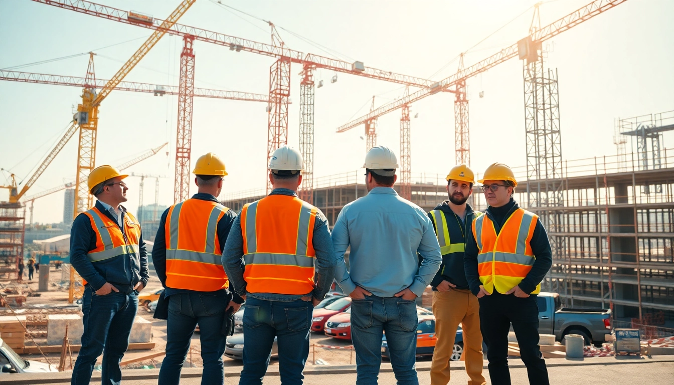 Construction workers on-site with dynamic activity, showcasing New Jersey Commercial General Contractor expertise.