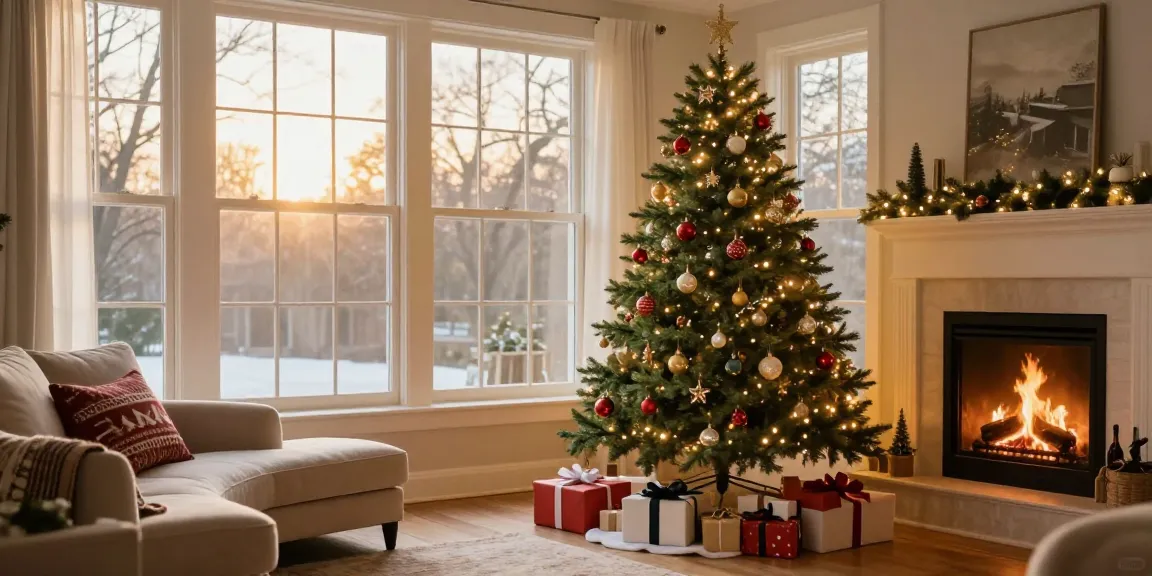 A stylish skinny Christmas tree decorated for the holidays in a cozy living room setting.