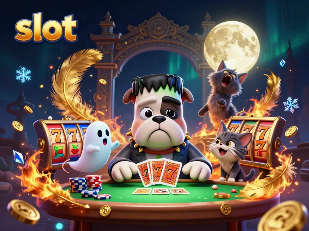 Engaging illustration of a slot scene featuring a bulldog monster and a werewolf kitten amidst casino elements.