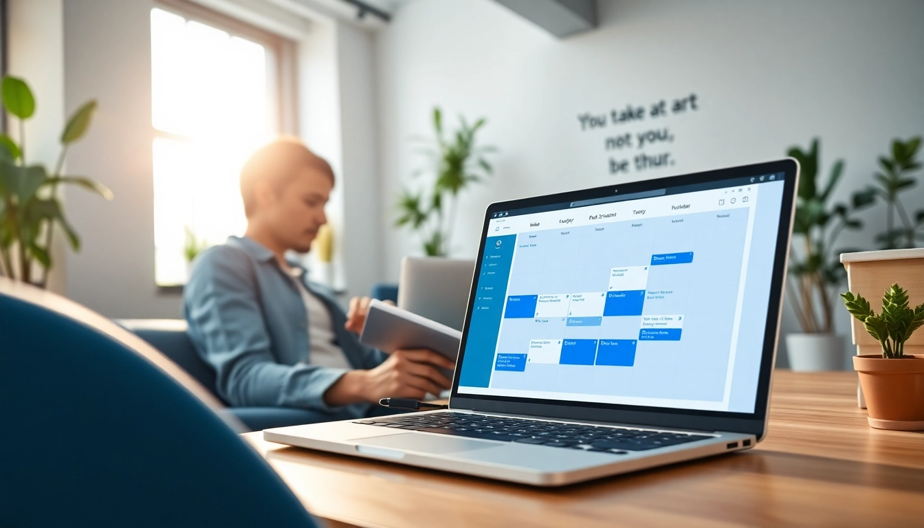 Streamlined virtual assistant scheduling tool interface on a laptop screen in a modern workspace.