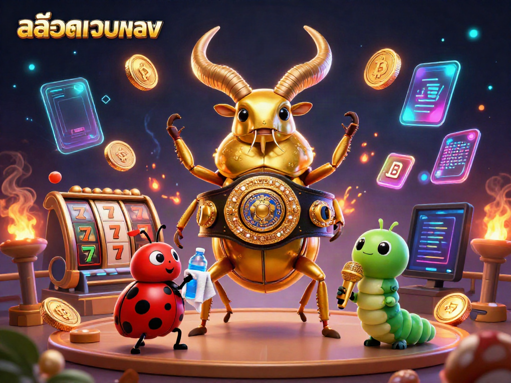 Engage in thrilling สล็อตเว็บตรง gameplay with a giant golden stag beetle champion, surrounded by dynamic casino elements.