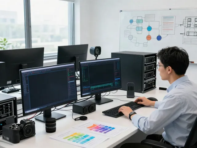 AI inference analysis in a modern tech lab with professionals engaging in data-driven performance reviews.