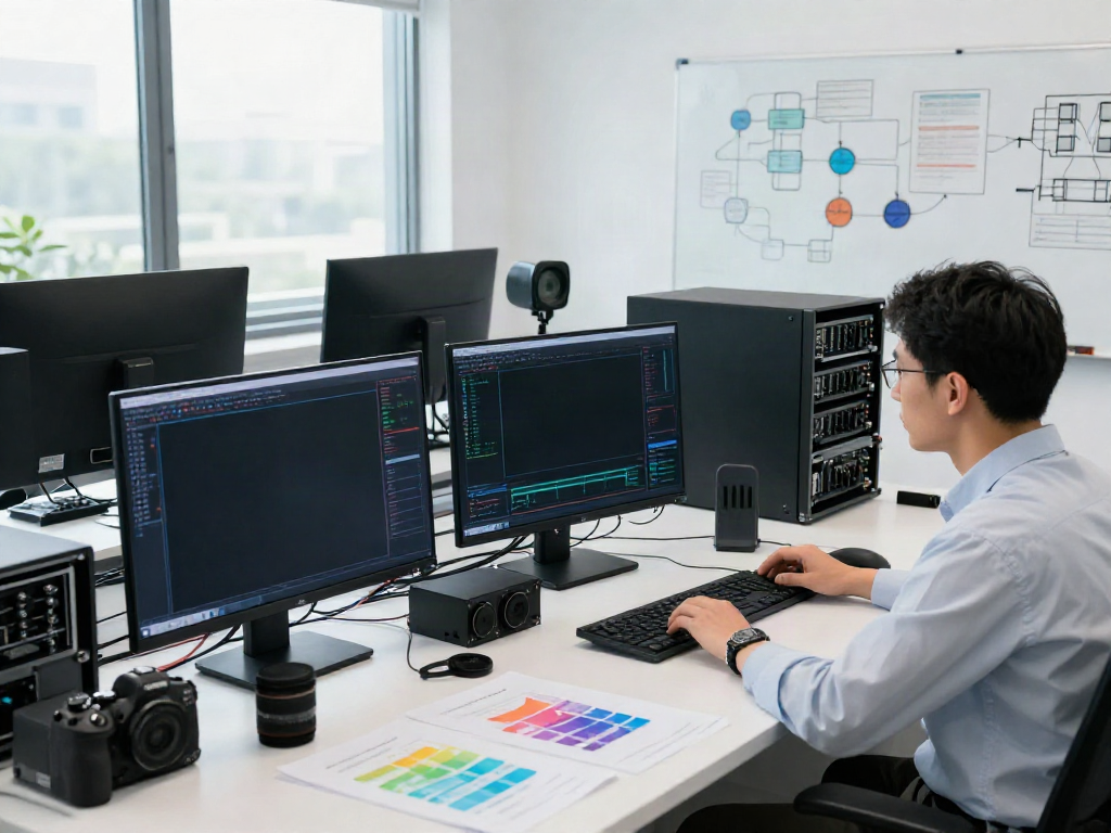 AI inference analysis in a modern tech lab with professionals engaging in data-driven performance reviews.