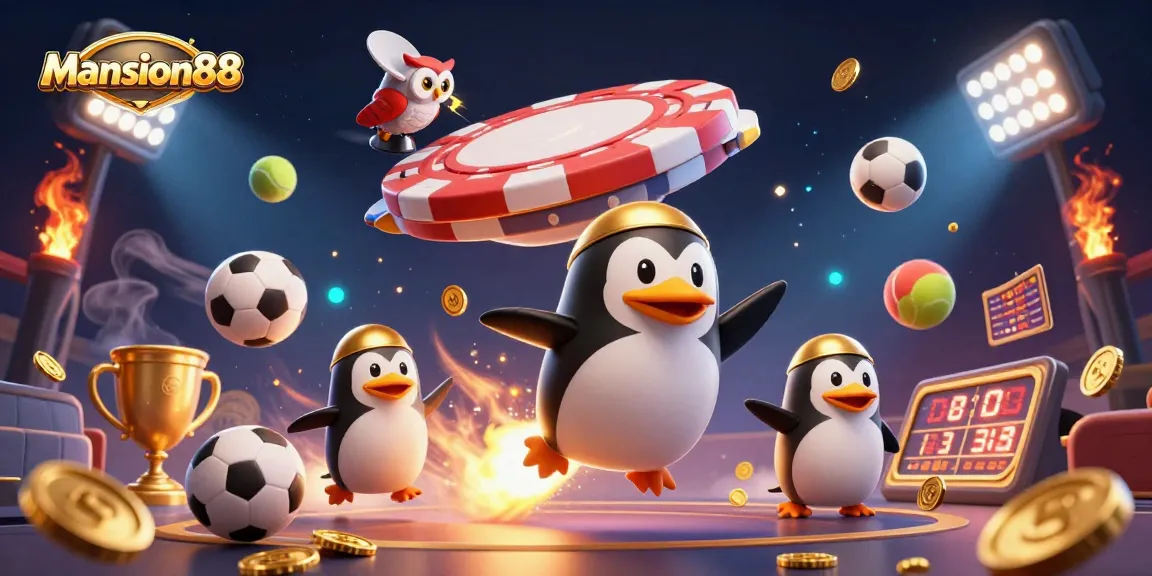 Mansion88 features a golden penguin rocket smoothly navigating a vibrant casino universe filled with coins and sports elements.