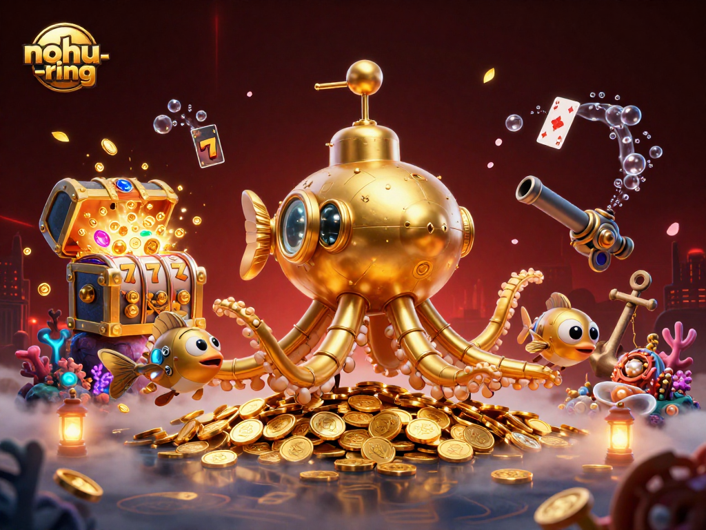 Experience the thrilling underwater adventure of nohu-ring with a golden kraken submarine, slot reels, and treasures.
