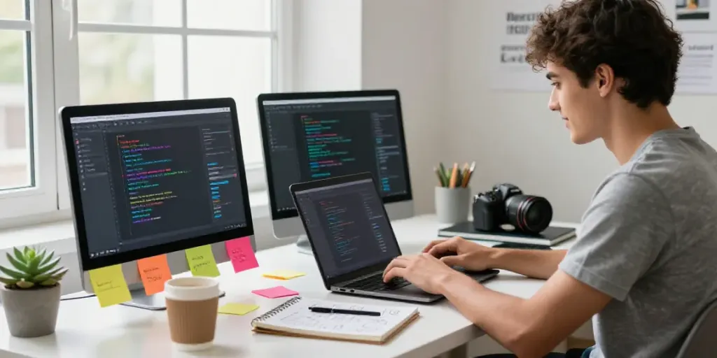 Learn how to write YouTube scripts with AI tools in a vibrant workspace.