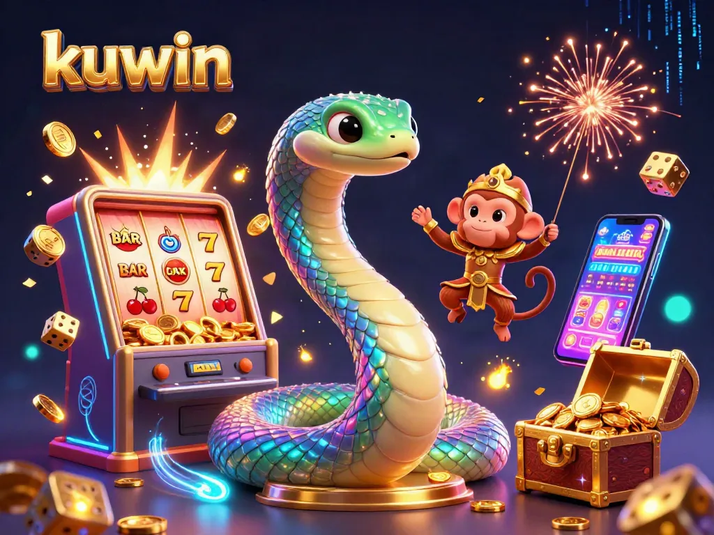 Kuwin promotes excitement with a vibrant 3D illustration of jackpot gaming elements, reflecting thrilling online gambling.