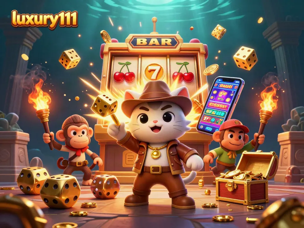 Experience thrilling wins at luxury111 with a dynamic jackpot scene featuring a cat explorer and golden elements.