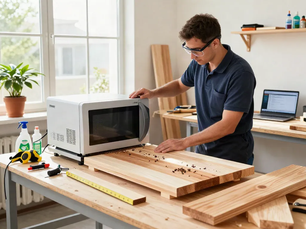 Technician using SHASHEL® microwave equipment for wood pest elimination in modern workshop.