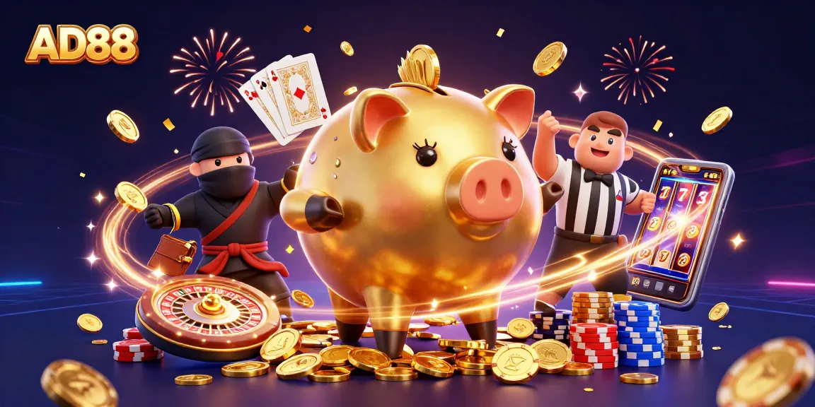 Engage in thrilling gaming with AD88's vibrant casino scene featuring dynamic characters and sparkling elements.