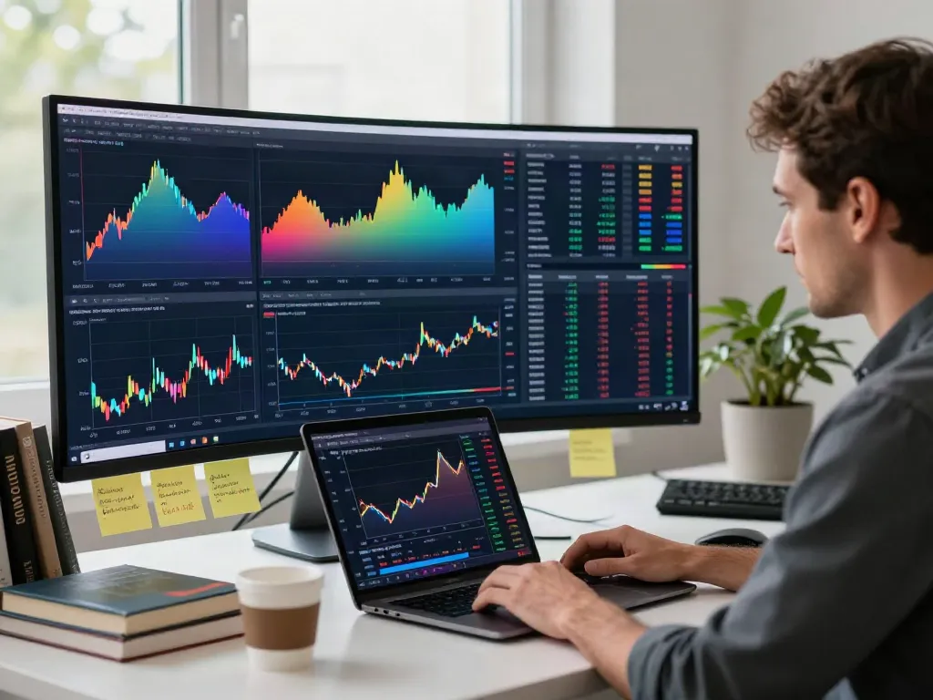Trader using TradingView for market analysis in a bright workspace.