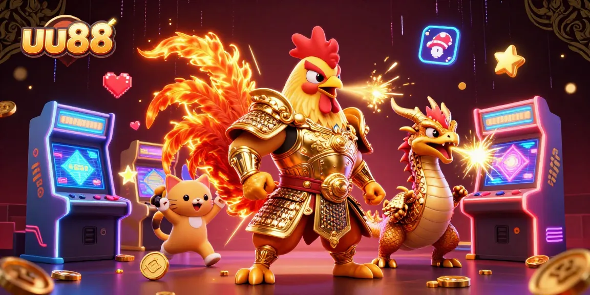 Engage in thrilling gameplay at uu88 with this vibrant 3D illustration featuring dynamic characters and arcade elements.