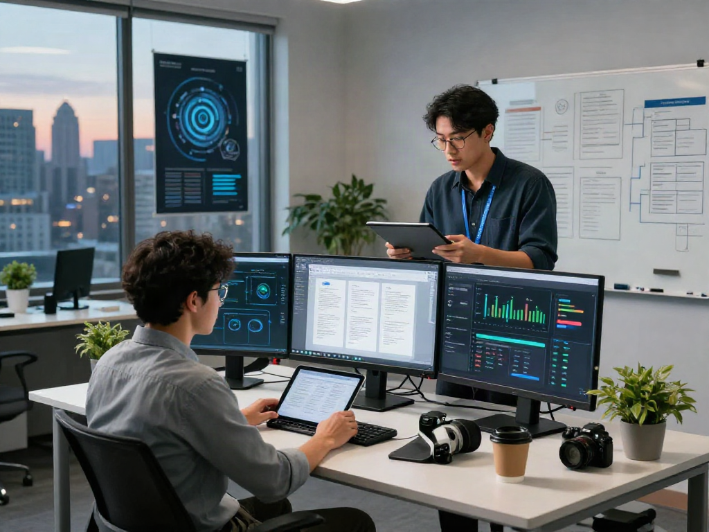 Cybersecurity analysts using document fraud detection software in a modern office setting.