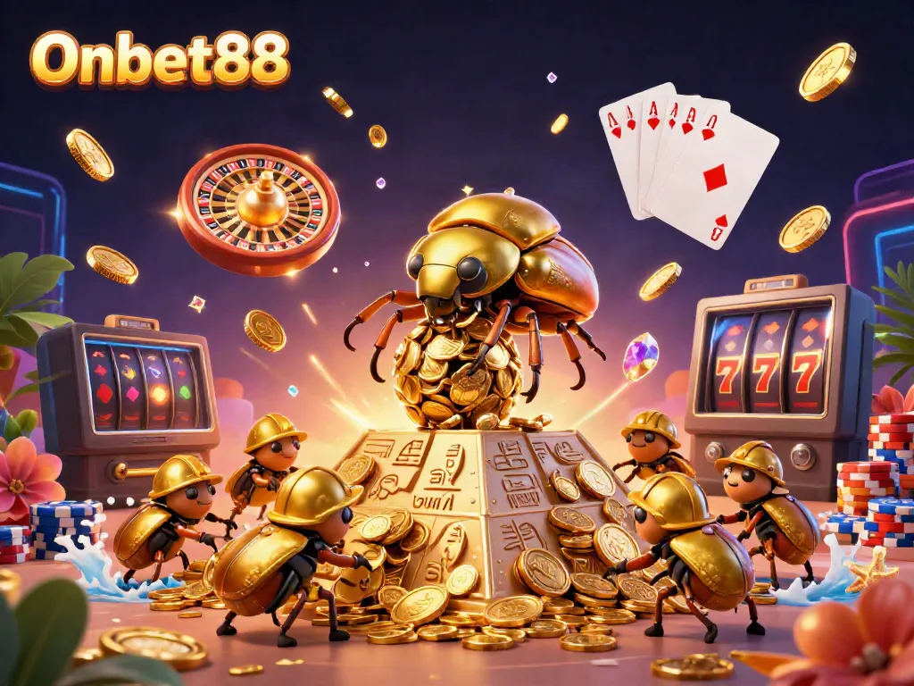 Experience the thrill of Onbet88 with golden beetles rolling jackpot coins in a vibrant casino adventure.