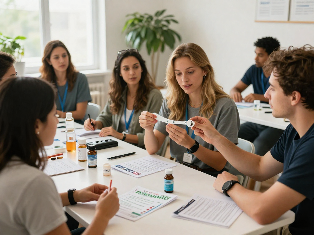 Participants discussing TB 500 benefits in a modern health workshop, showcasing innovative health supplements.