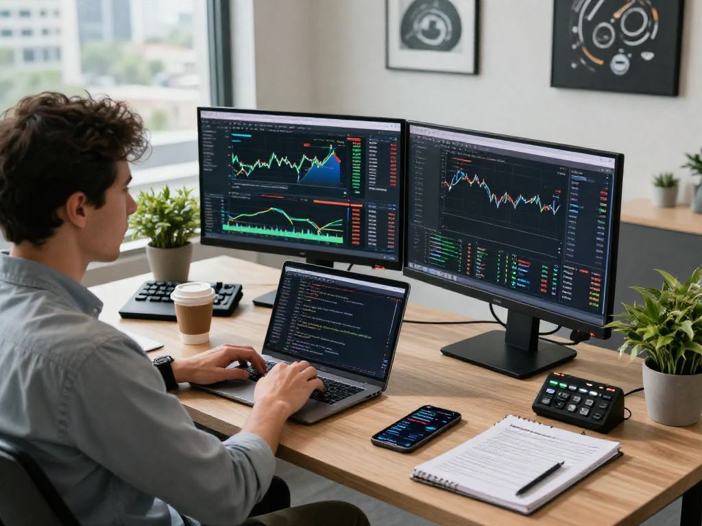 TradingView workspace scene featuring a trader analyzing market data and charts in a modern office.