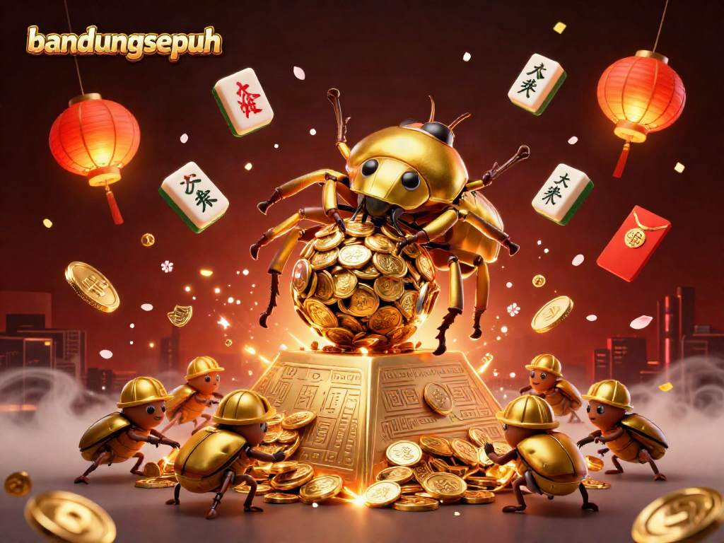 Engage with bandungsepuh as a golden beetle rolls coins up a pyramid in a vibrant casino scene.