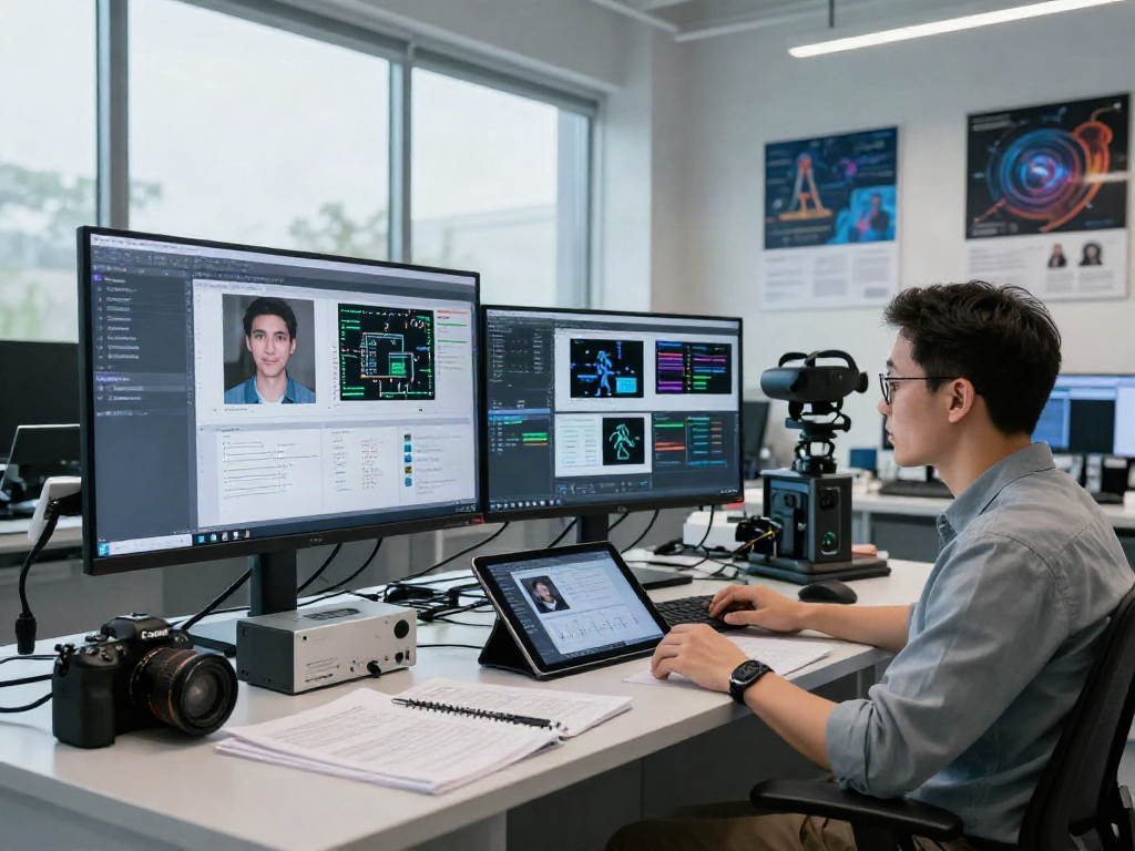 AI Detector research lab where a data scientist analyzes AI-generated images, showcasing innovative technology.