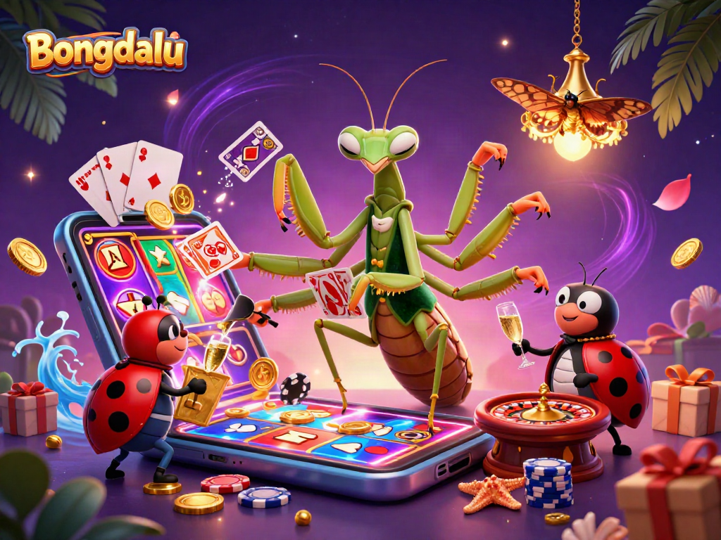 Bongdalu engages in thrilling action with a vibrant scene of a giant mantis card sharp, ladybug pit boss, and casino elements.