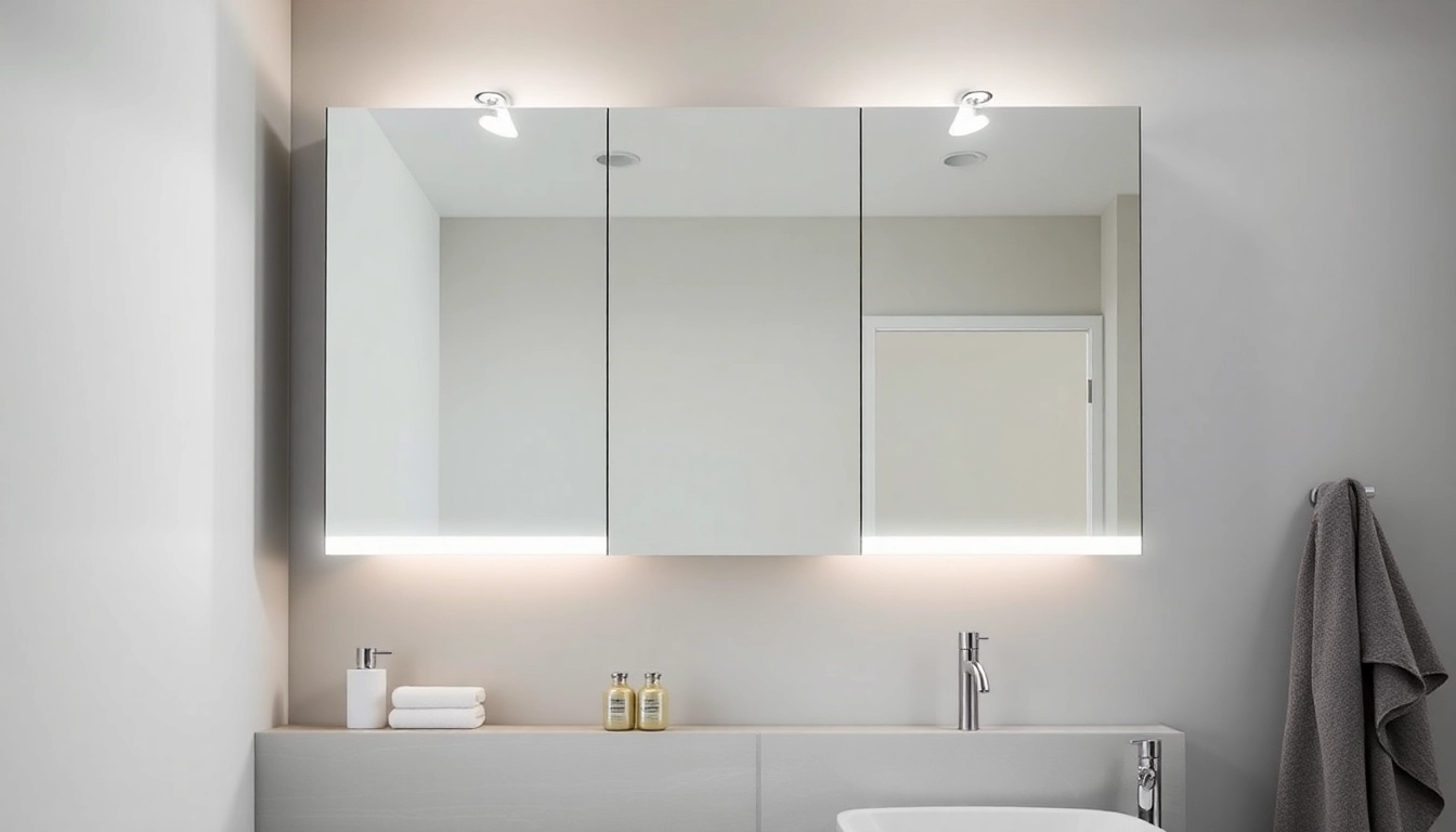 Badzimmer spiegelschränke beleuchtung in einem eleganten Badezimmer mit natürlichem Licht eingestellt.