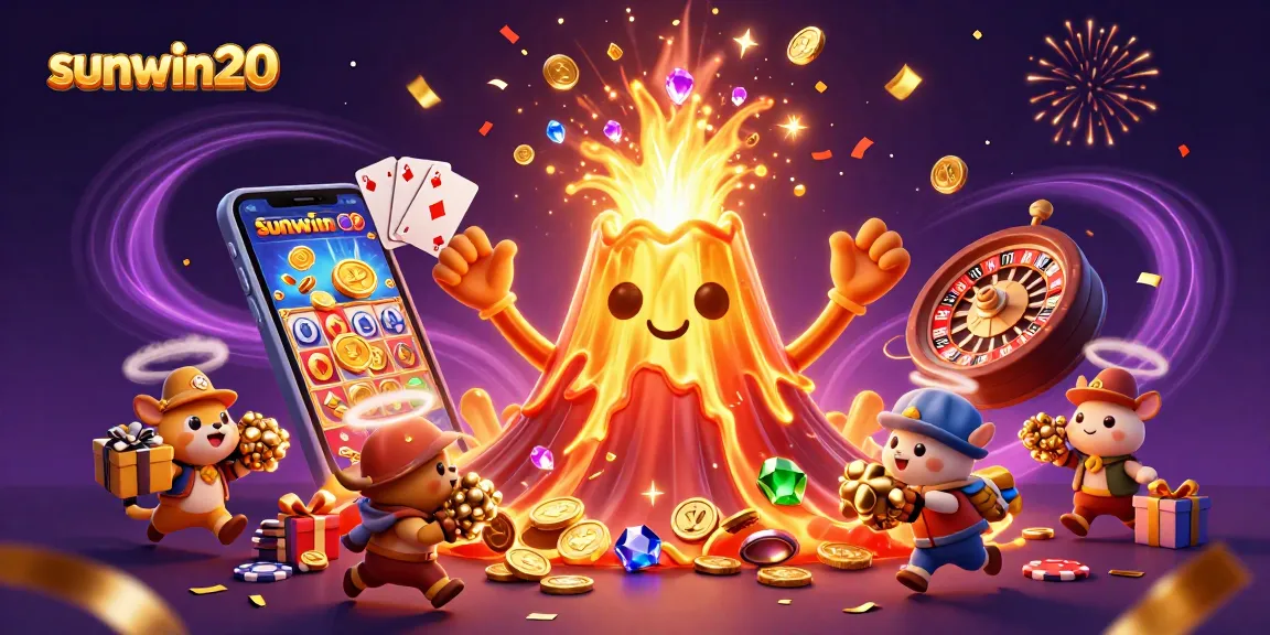 Experience the thrill of slots with sunwin20, featuring a vibrant 3D eruption of coins and treasures.