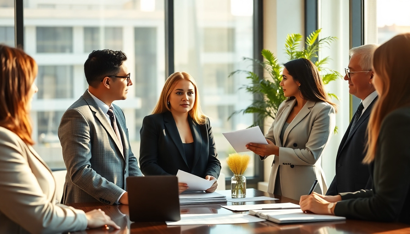 Discussing probate legal matters with a diverse team in a modern office