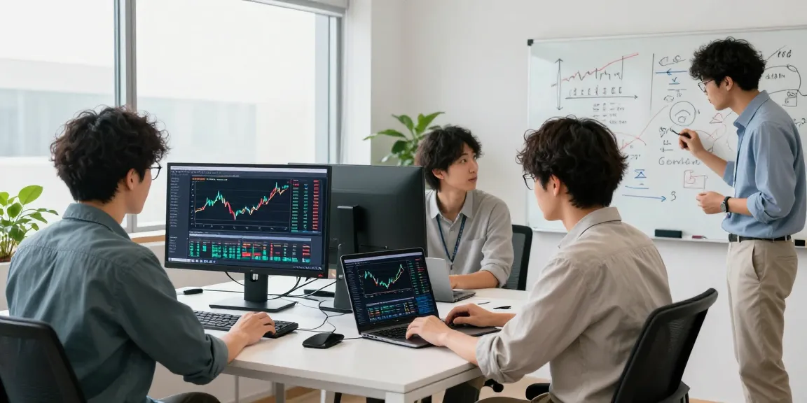 Japan stock fundamental data API showcased by developers collaborating in a modern office.