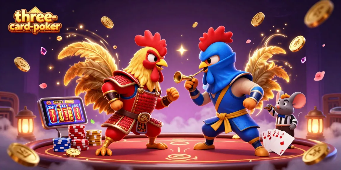 Engage in action-packed three-card-poker with dynamic roosters, poker chips, and cascading coins.