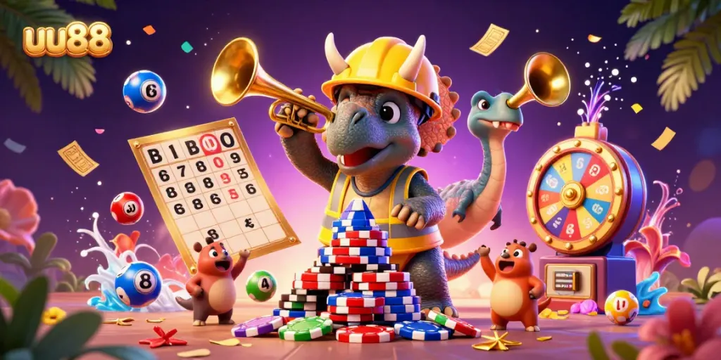 Experience the thrill of uu88 gaming with a colorful illustration of playful dinosaurs celebrating in a vibrant casino setting.