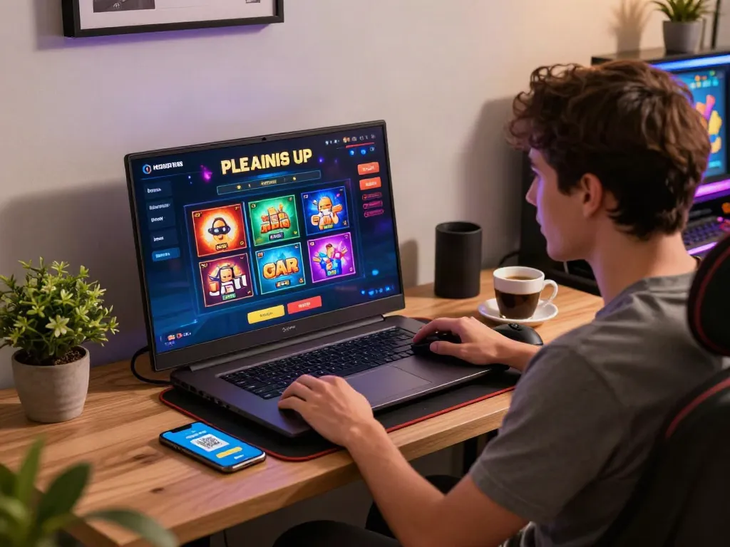 Engaged player exploring slot gacor hari ini on a modern platform with QRIS payments in a cozy gaming setup.