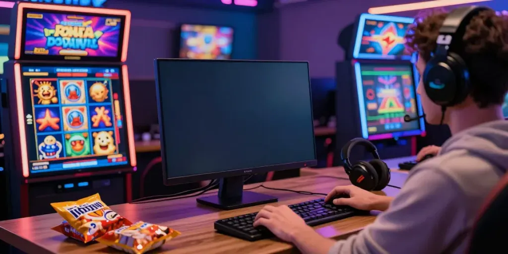 Player engaging with slot thailand game featuring vibrant graphics and gaming setup.