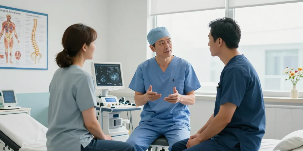 Bel fıtığı ameliyatı discussion in a modern healthcare setting with a surgeon and patient.