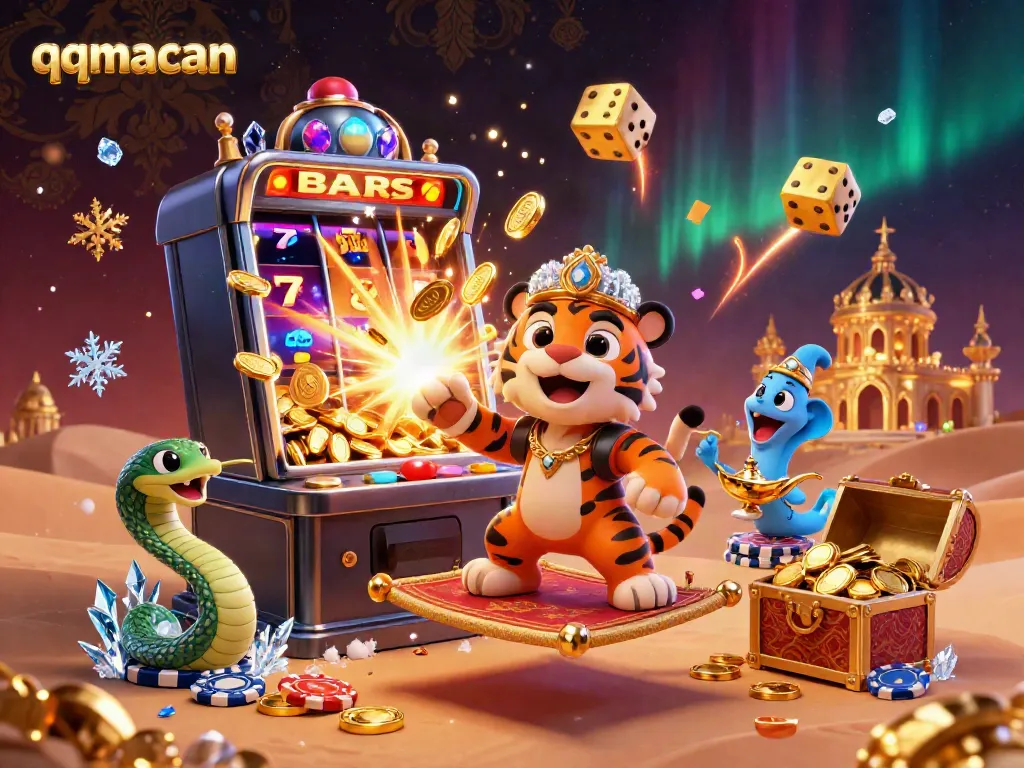 Experience thrilling gameplay with qqmacan—an animated scene of casino delights featuring a jackpot explosion, golden coins, and vibrant characters.