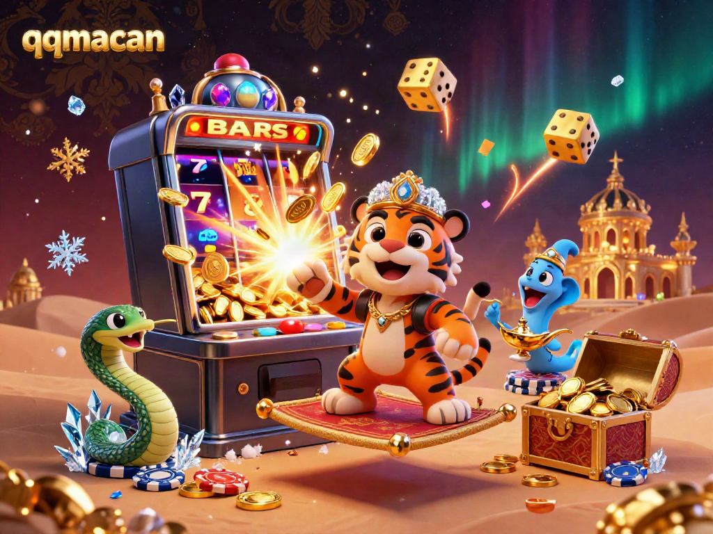 Experience thrilling gameplay with qqmacan—an animated scene of casino delights featuring a jackpot explosion, golden coins, and vibrant characters.