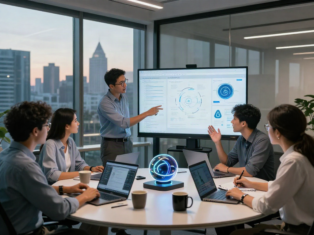 Diverse team collaborating in a modern AI workspace, emphasizing crush on ai technologies.