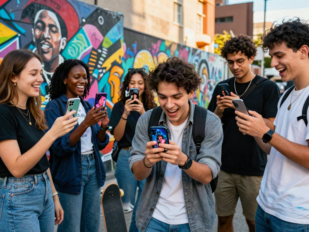 Engaging interaction with an app to find who looks like celebrities among friends in a vibrant urban setting