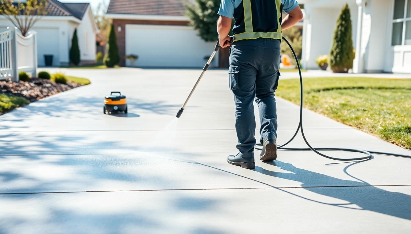 Driveway cleaning technician revitalizing concrete surface with professional pressure washing techniques.