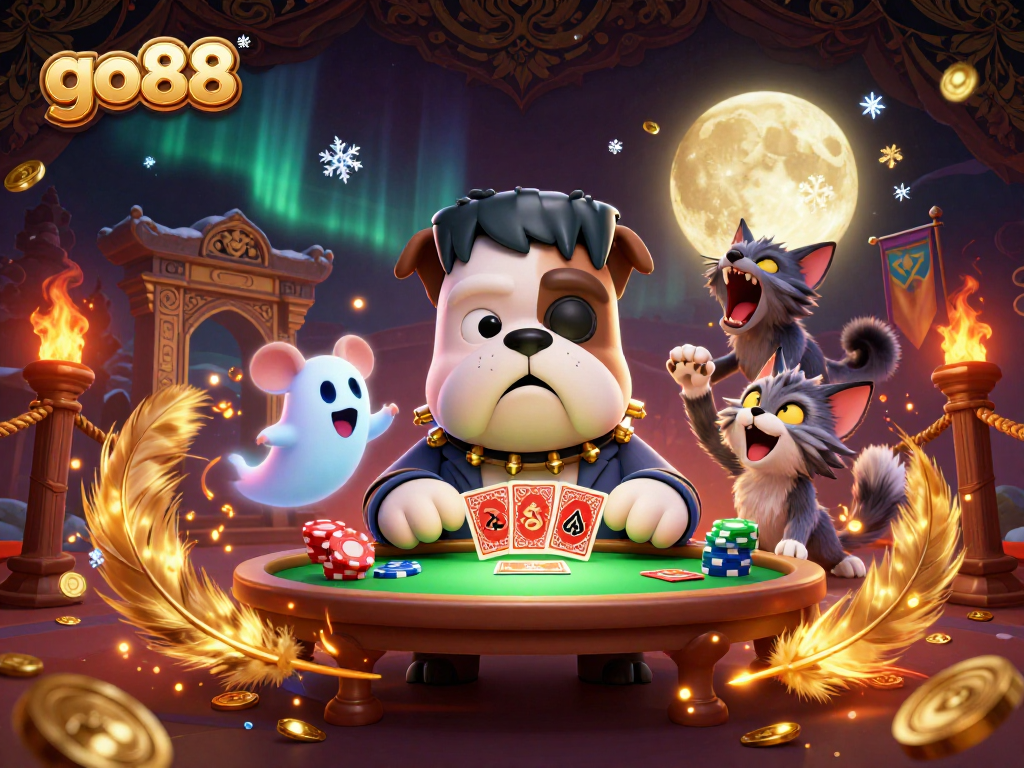 Join the go88 casino fun with monsters, cards, and vibrant casino elements in a thrilling scene.