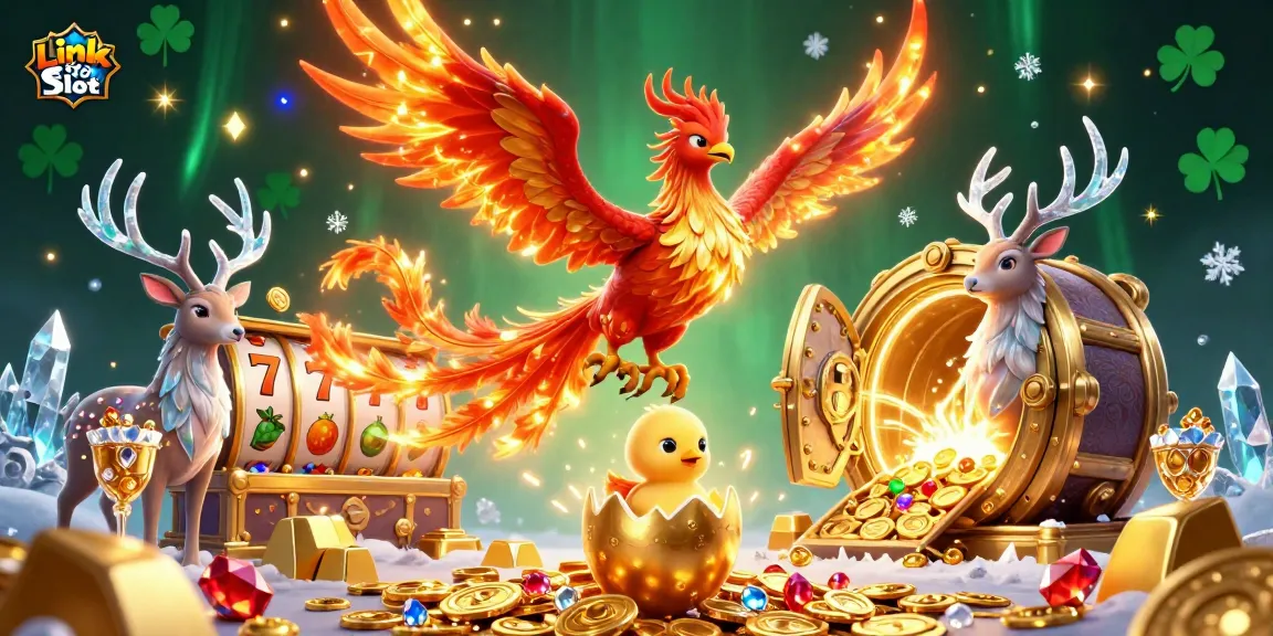 Link Toto Slot menghadirkan ilustrasi kasino memukau dengan phoenix api, anak phoenix, dan stag mistis di latar belakang harta karun.