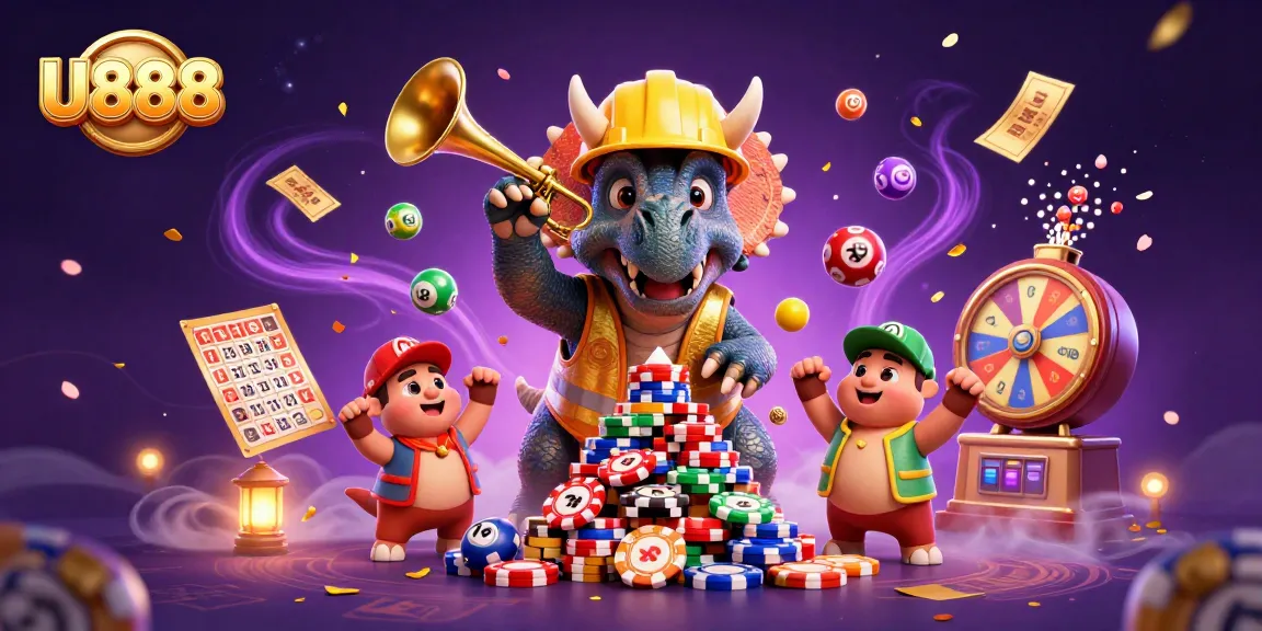 U888 welcomes players with a fun 3D illustration of a triceratops celebrating big wins with colorful gaming elements.
