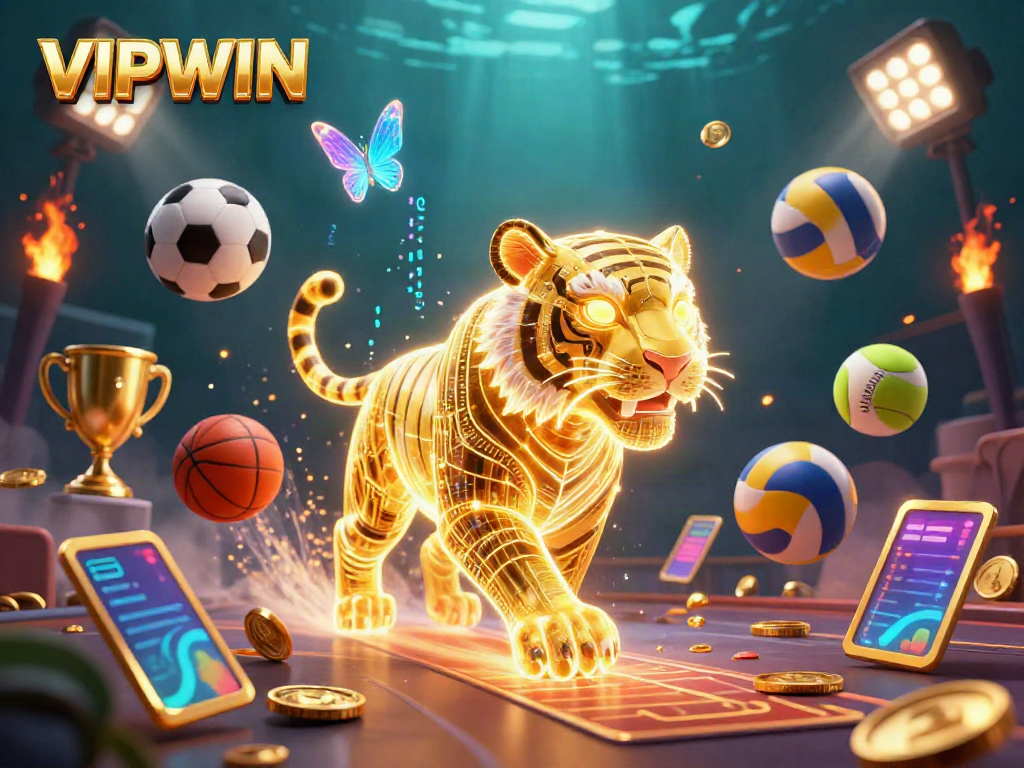 Engage with VIPWIN's vibrant casino world featuring a holographic tiger surrounded by dynamic game elements.