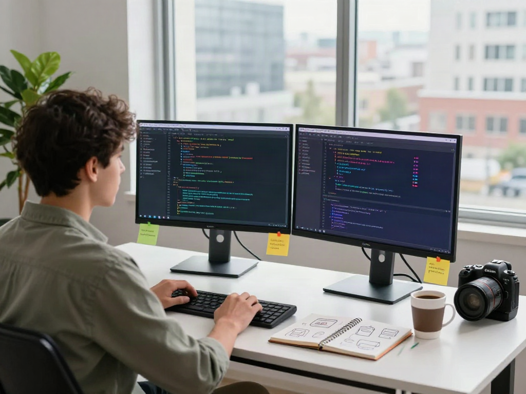 Download Pikashow Apk in a dynamic software development workspace with dual monitors and vibrant coding.